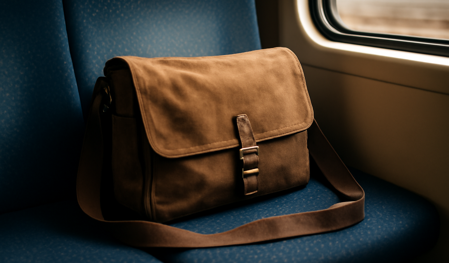 sac besace posé sur un siège de train