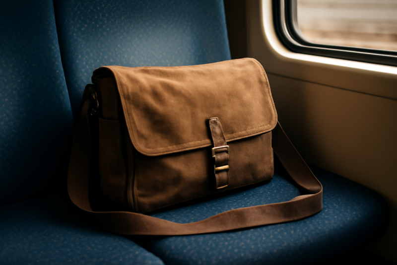 sac besace posé sur un siège de train