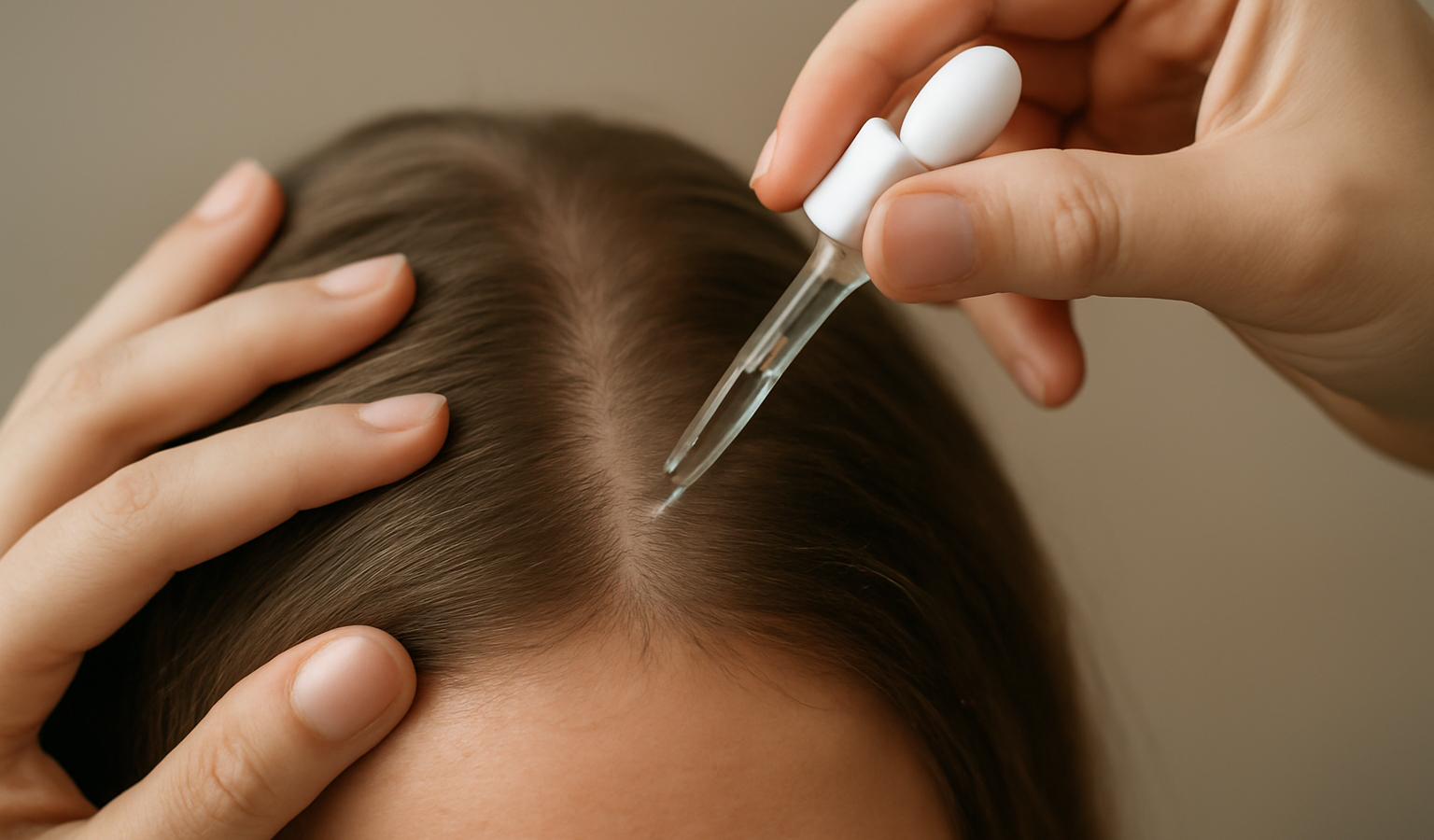 mains appliquant serum sur cheveux fins