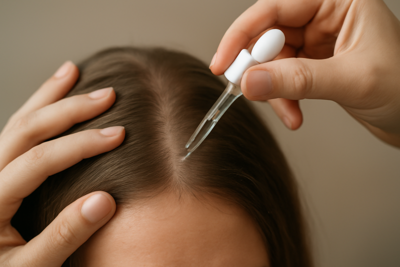 mains appliquant serum sur cheveux fins