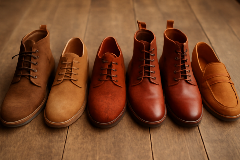 paires de chaussures aux tons automnaux rangées