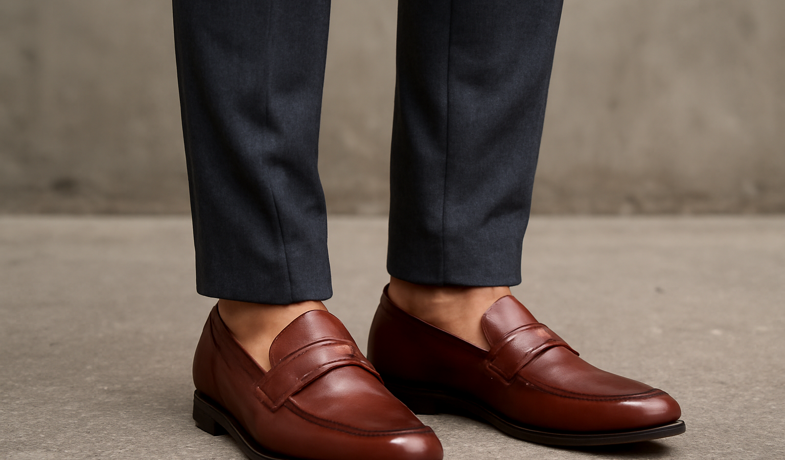 pantalon ajusté tombant sur des mocassins