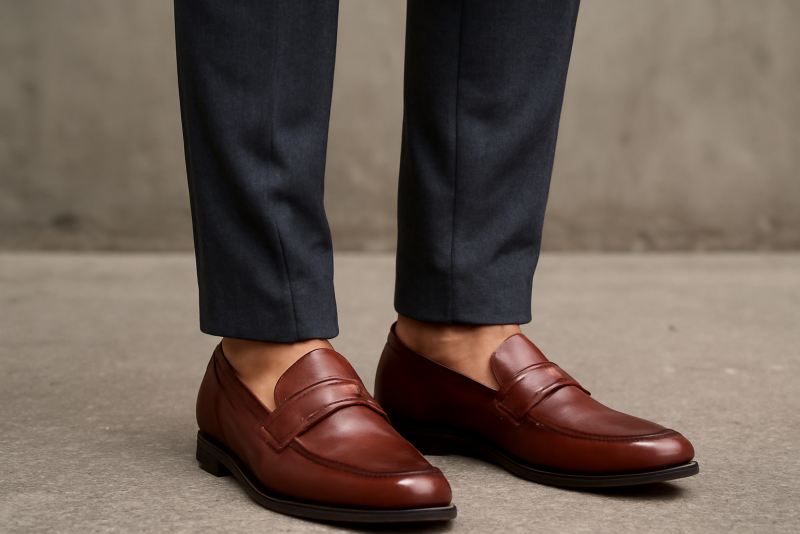pantalon ajusté tombant sur des mocassins