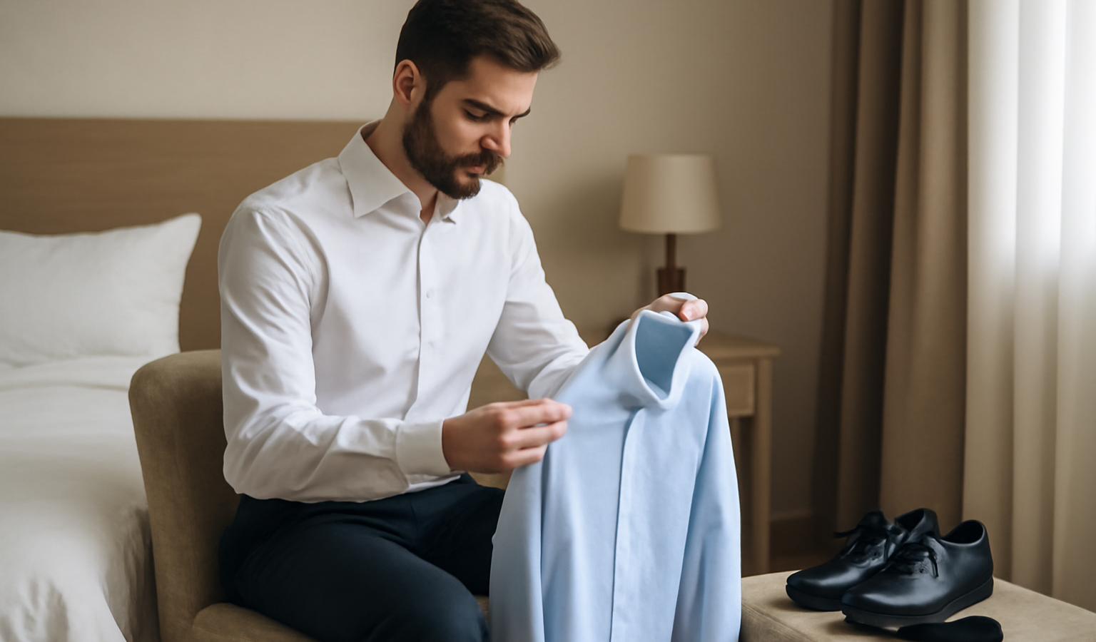 homme préparant tenue sur chaise dans chambre