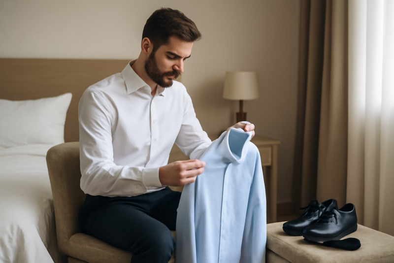 homme préparant tenue sur chaise dans chambre
