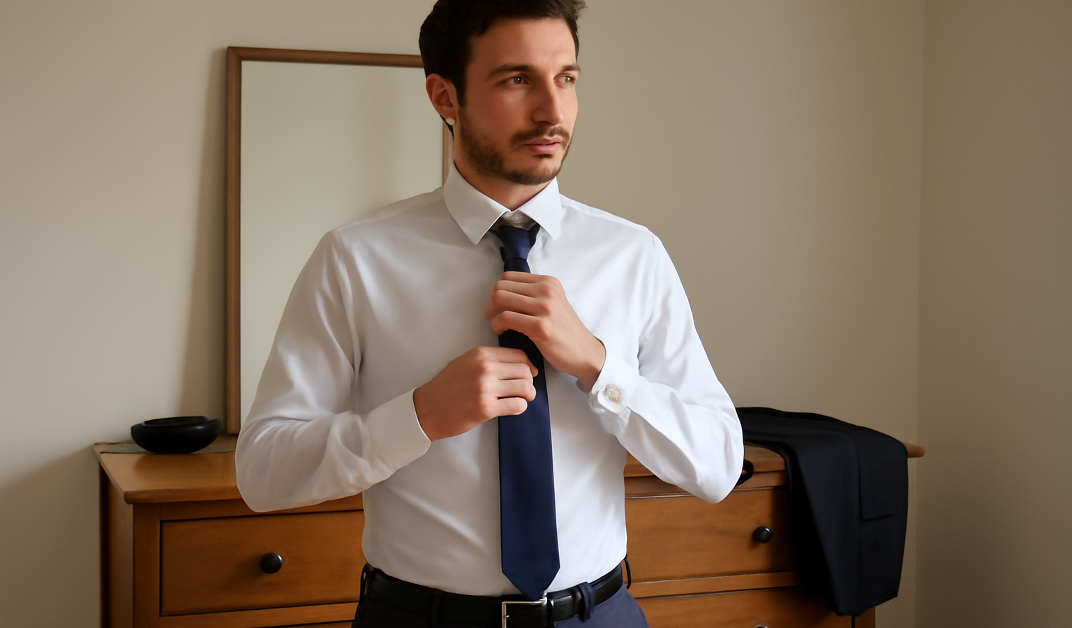 homme préparant tenue devant commode
