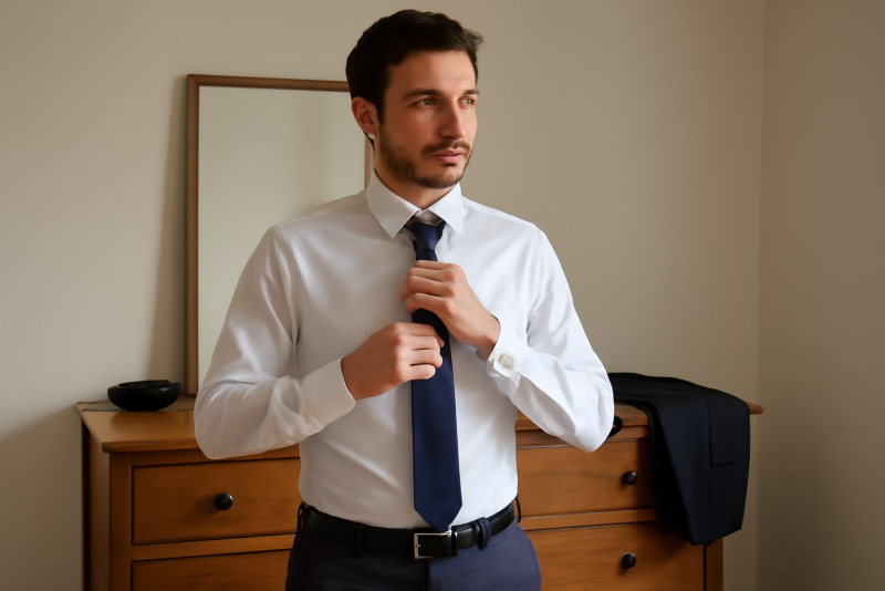 homme préparant tenue devant commode