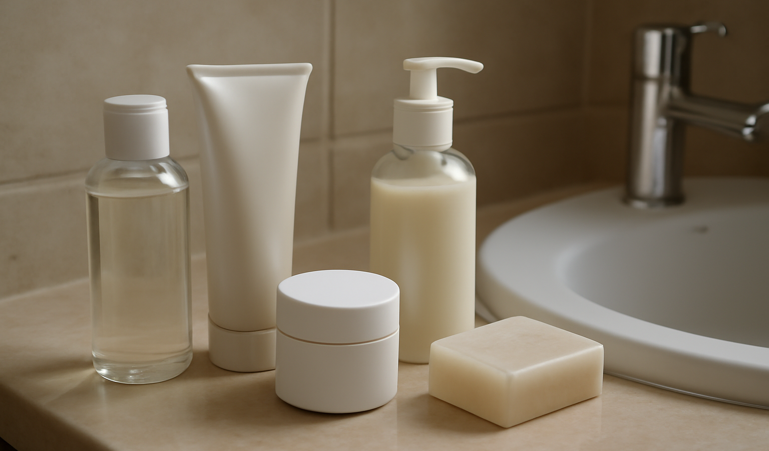 produits de soin alignés sur un lavabo