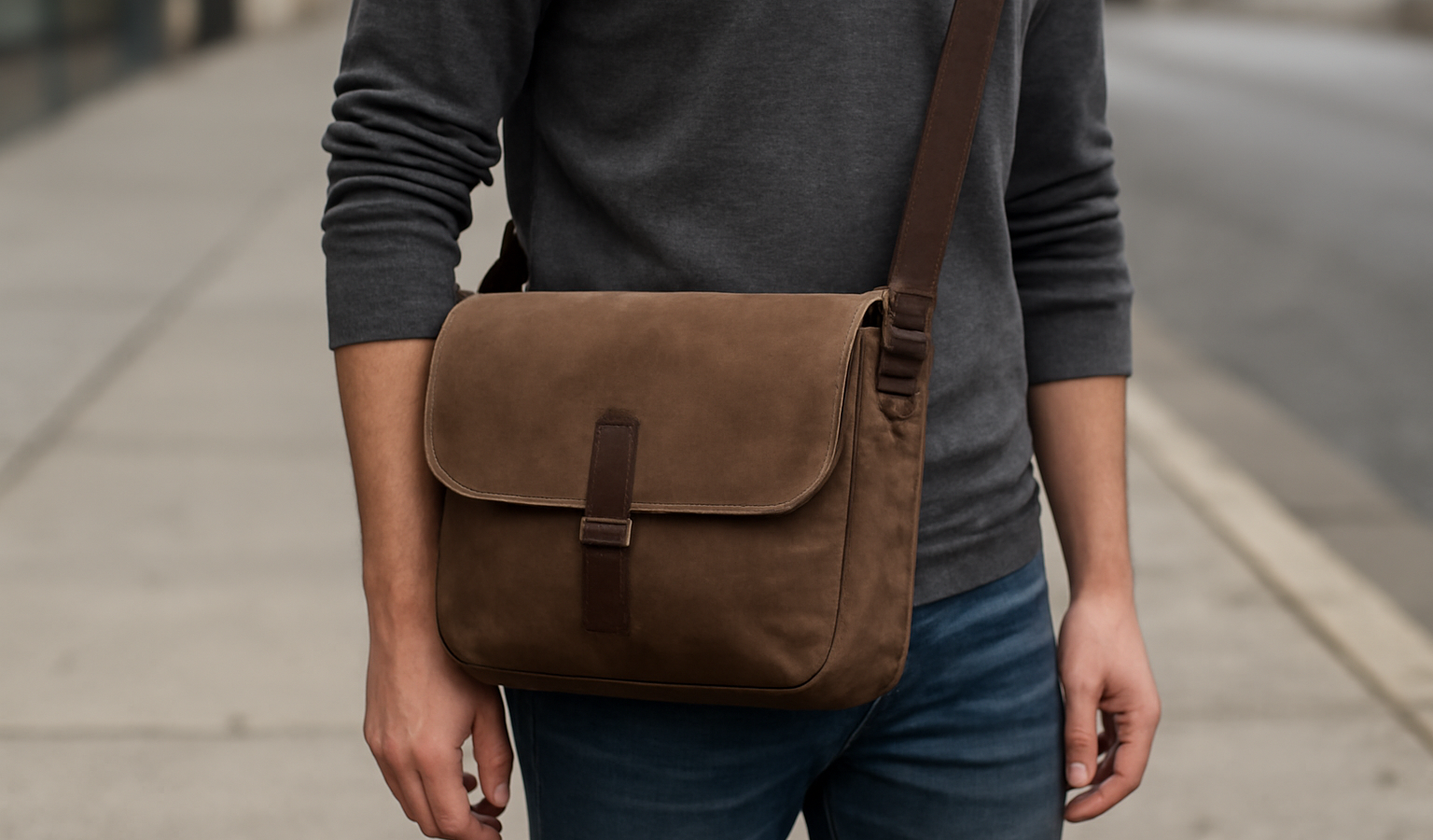 sac porté en bandoulière sur trottoir urbain