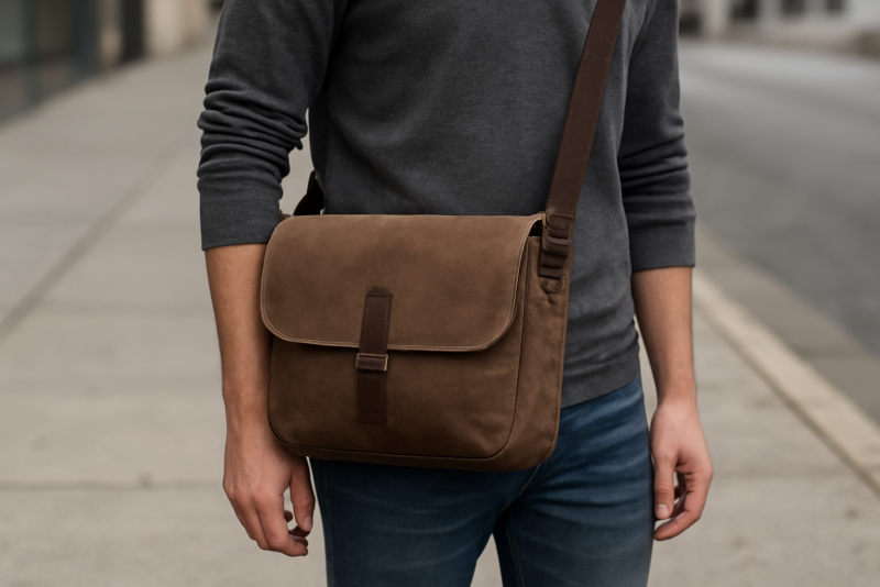 sac porté en bandoulière sur trottoir urbain