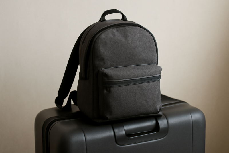 sac à dos compact posé sur une valise