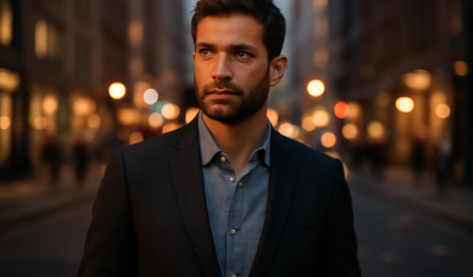 homme portant un blazer en ville au soir