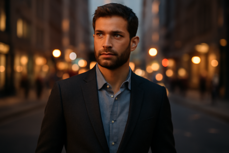 homme portant un blazer en ville au soir