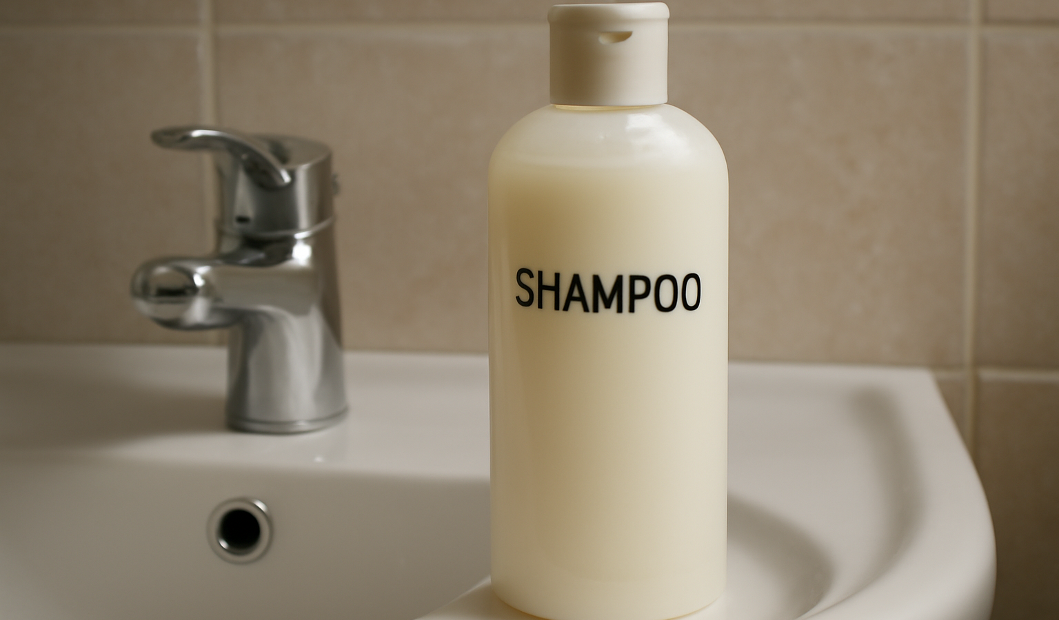 flacon de shampooing sur bord lavabo