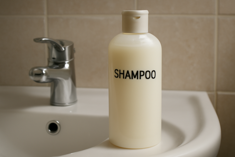 flacon de shampooing sur bord lavabo