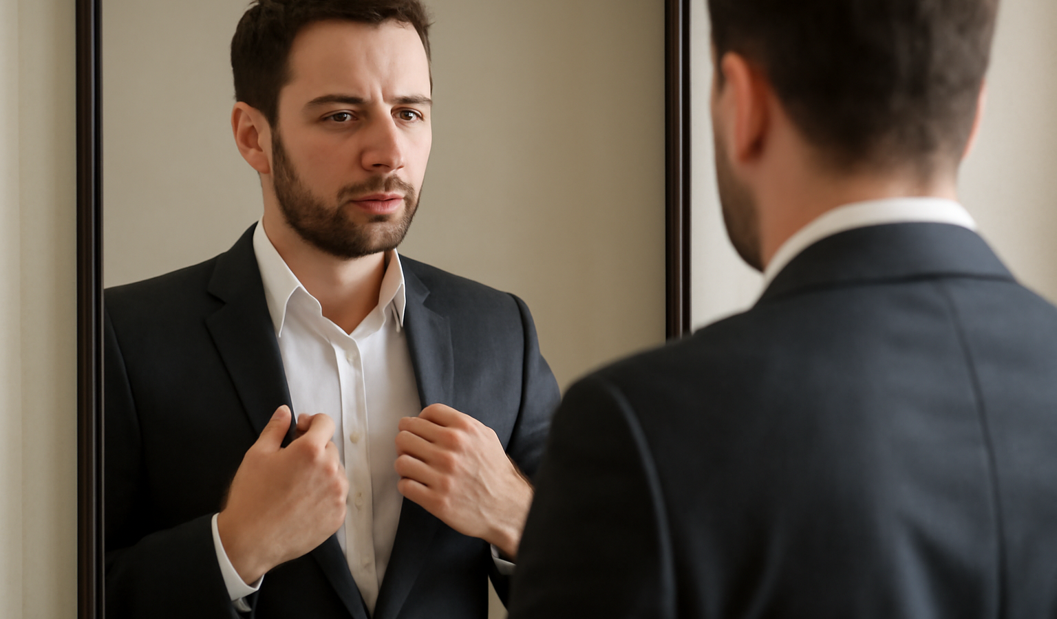 homme devant miroir ajustant tenue sans accessoires