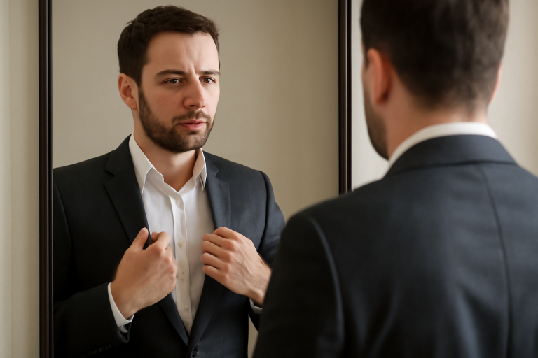 homme devant miroir ajustant tenue sans accessoires