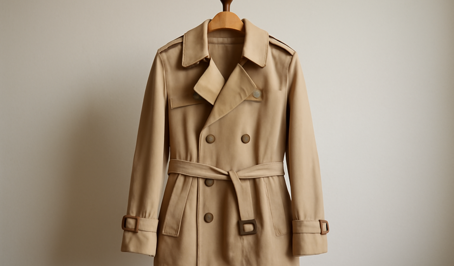 trench beige posé sur porte-manteau
