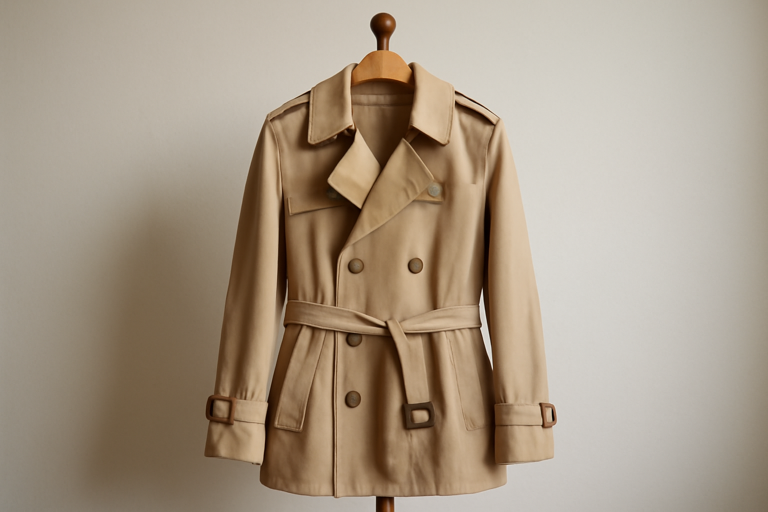 trench beige posé sur porte-manteau