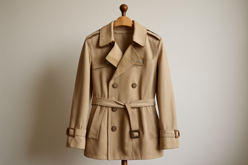 trench beige posé sur porte-manteau