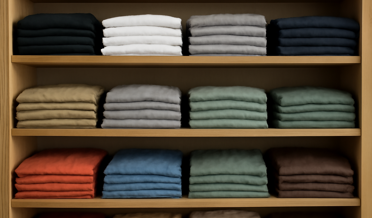 étagères remplies de t-shirts basiques pliés