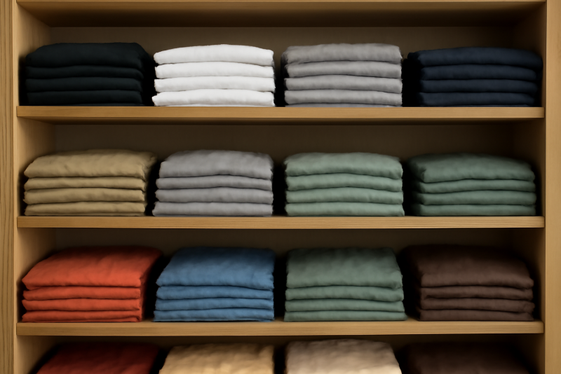 étagères remplies de t-shirts basiques pliés