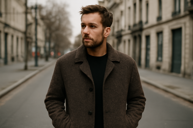 homme portant une veste en laine en rue
