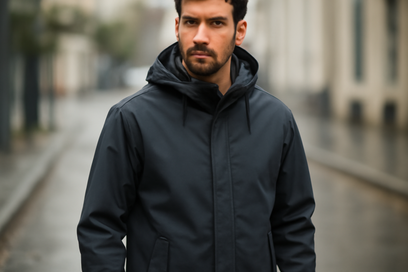 homme portant une veste imperméable urbaine