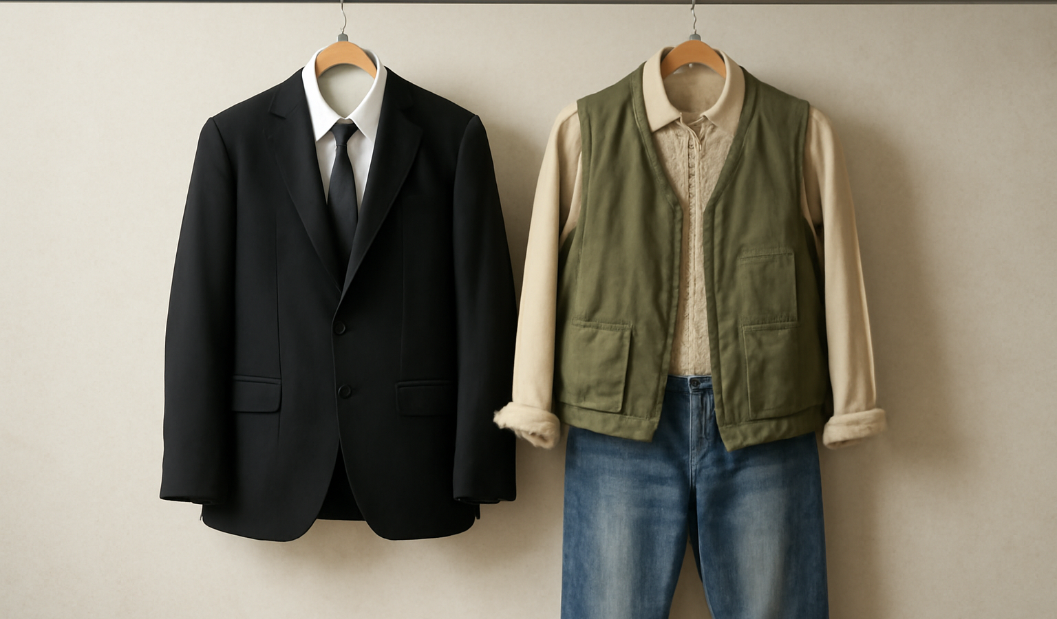 deux tenues suspendues contrastant ville et campagne