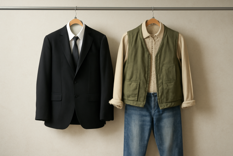 deux tenues suspendues contrastant ville et campagne