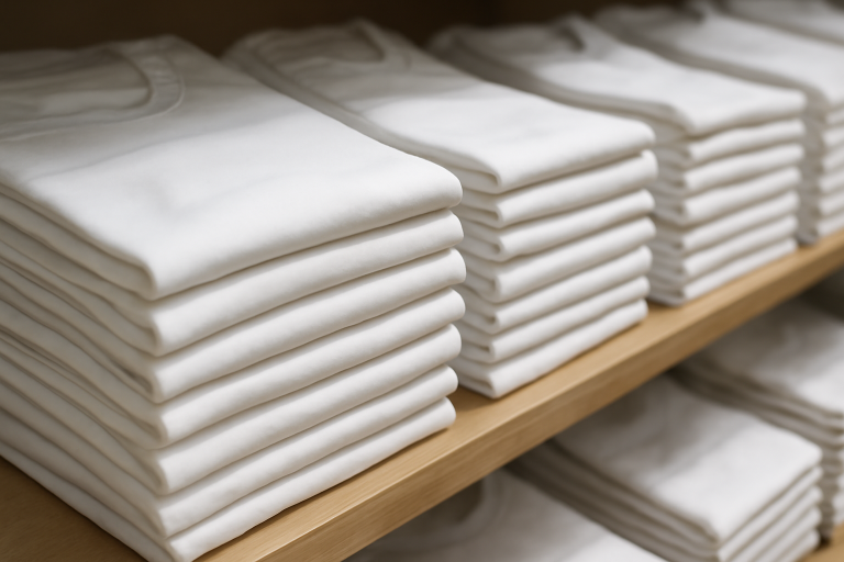t-shirts blancs empilés en magasin