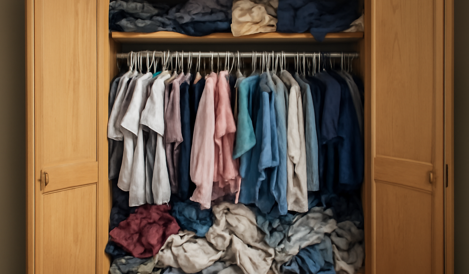 armoire débordante de vêtements mal rangés