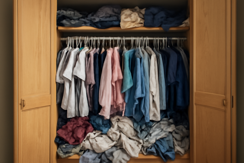 armoire débordante de vêtements mal rangés
