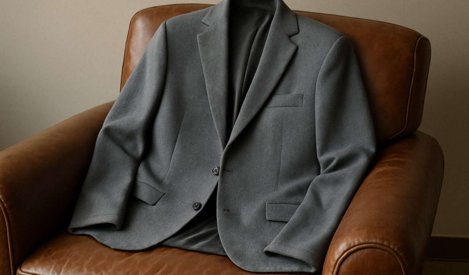 blazer gris posé sur fauteuil en cuir