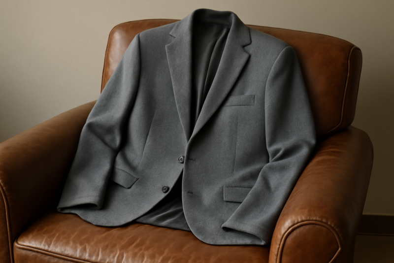 blazer gris posé sur fauteuil en cuir