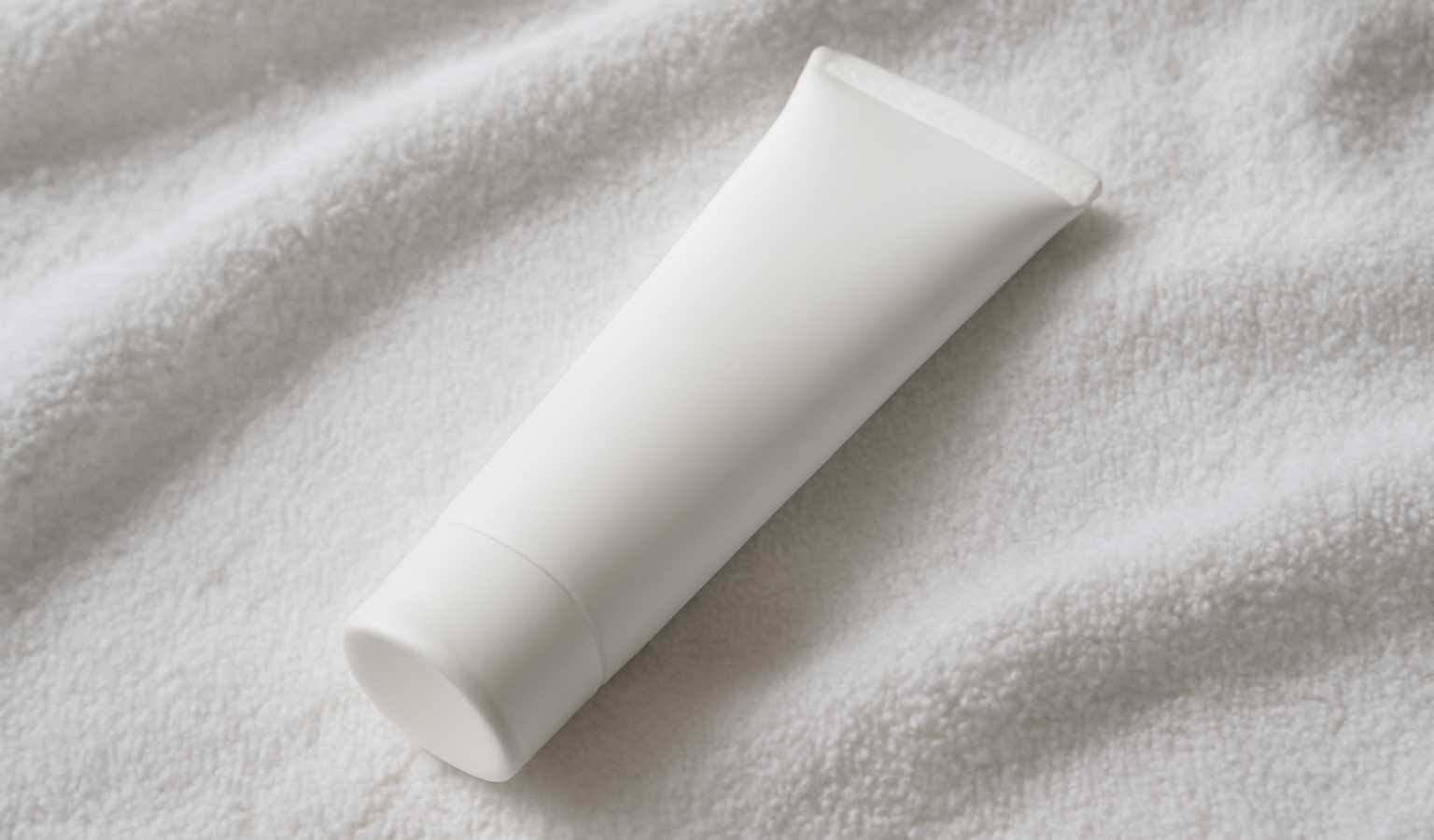 tube de soin sobre posé sur serviette blanche