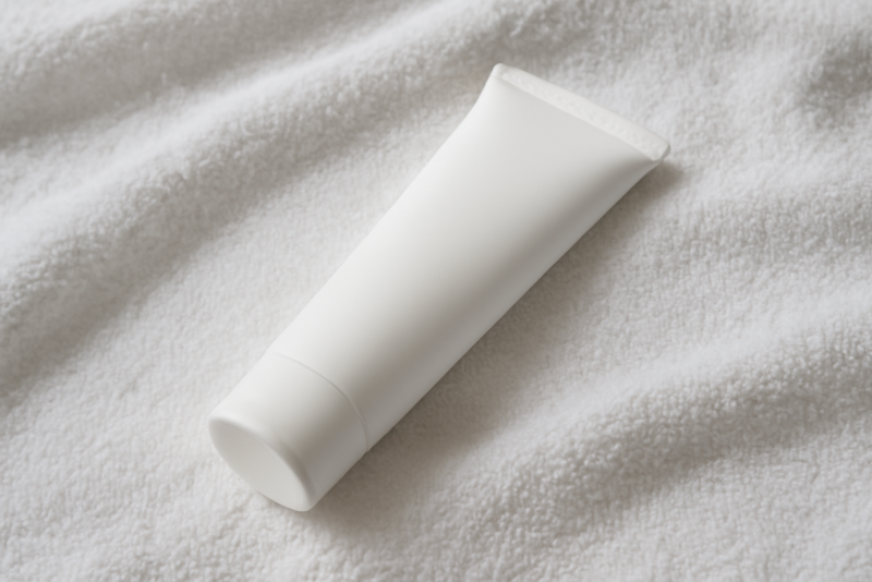 tube de soin sobre posé sur serviette blanche