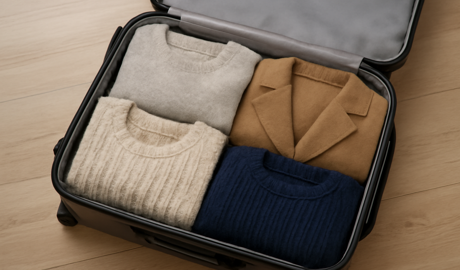 valise ouverte avec pulls et manteau pliés