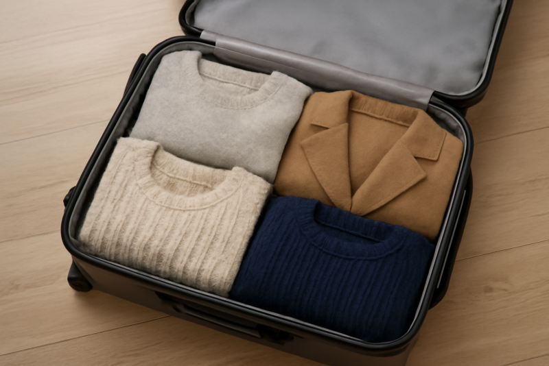 valise ouverte avec pulls et manteau pliés