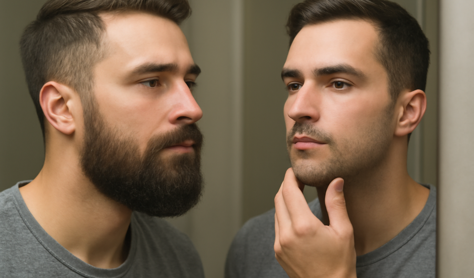 homme montrant deux styles de barbe devant miroir
