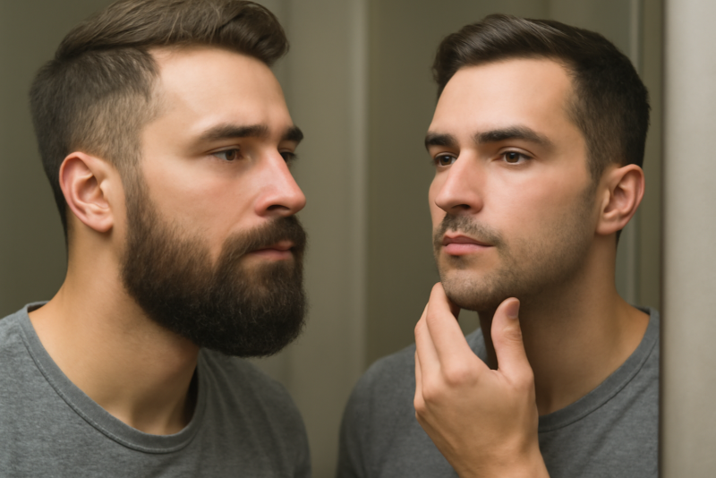 homme montrant deux styles de barbe devant miroir
