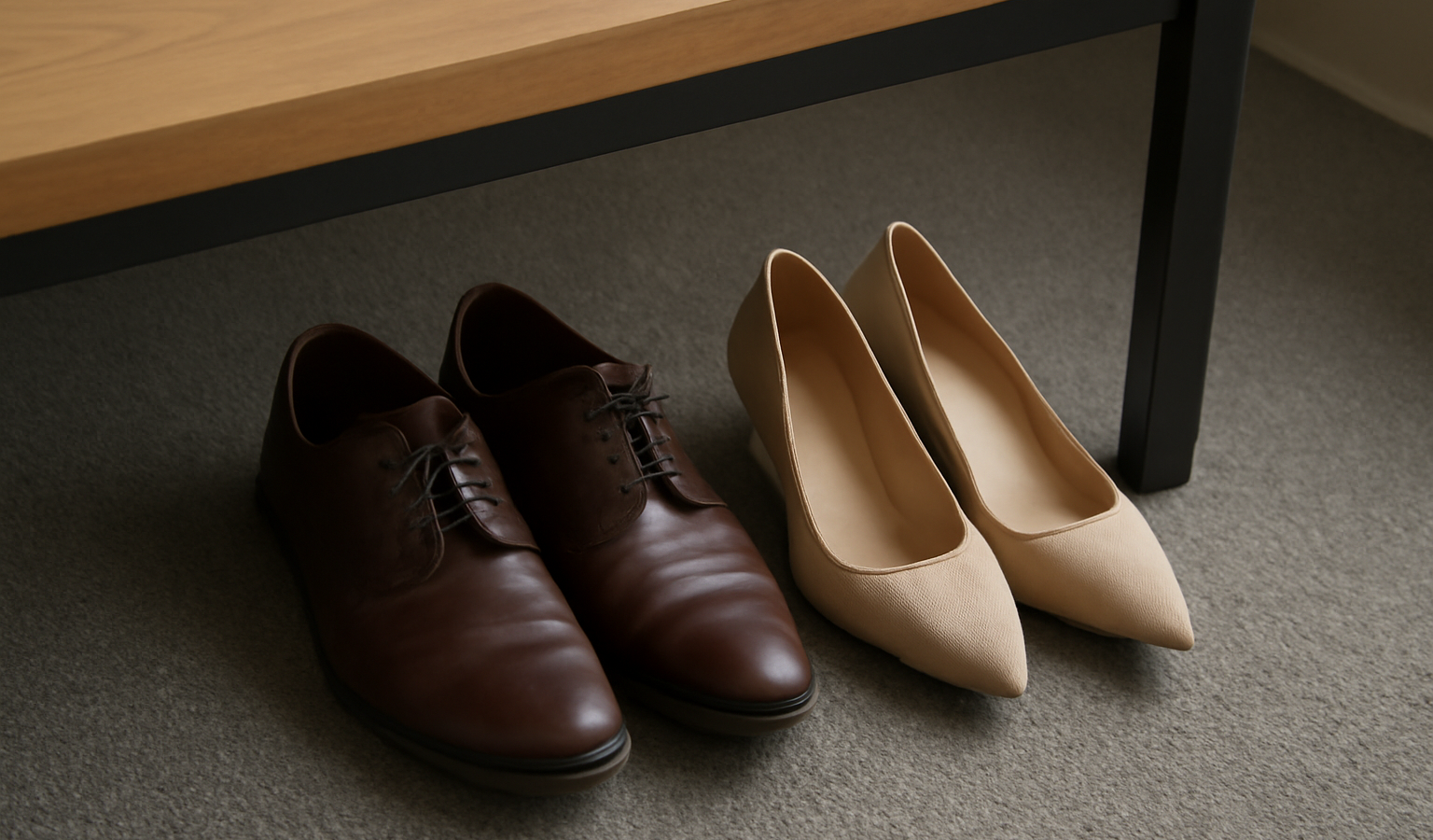 deux paires de chaussures sous un bureau