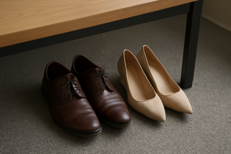deux paires de chaussures sous un bureau