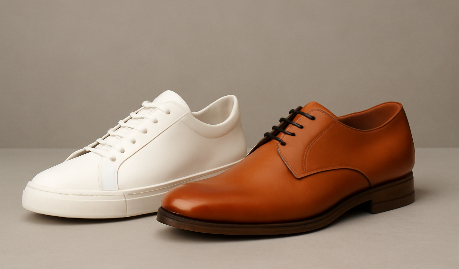 baskets blanches et derbies posées côte à côte