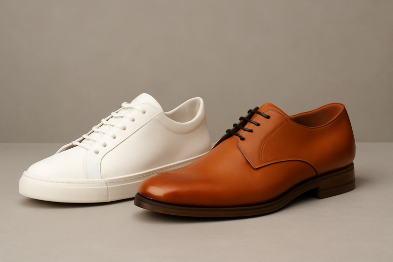 baskets blanches et derbies posées côte à côte
