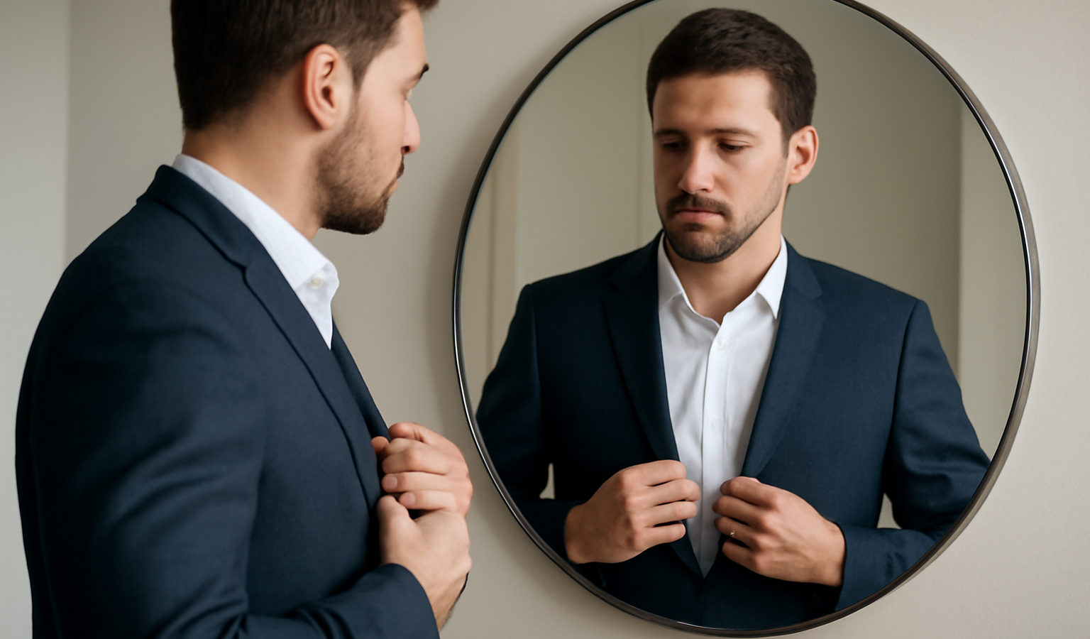 homme ajustant blazer devant miroir