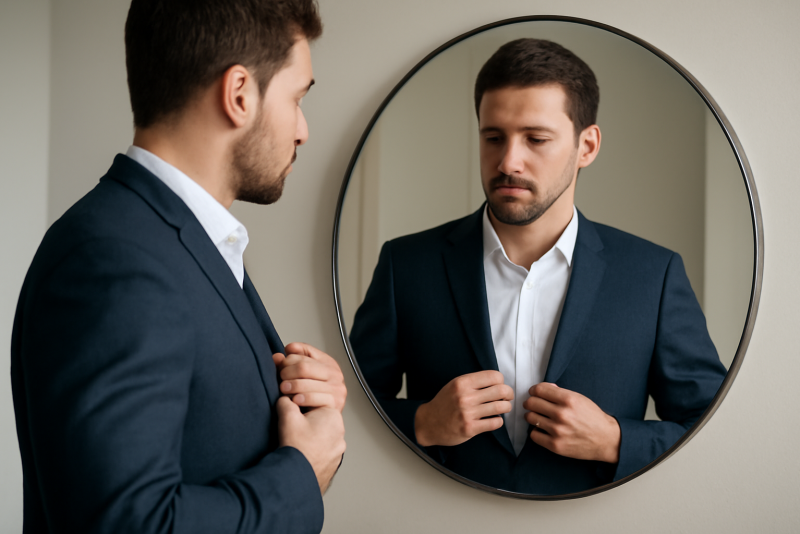 homme ajustant blazer devant miroir