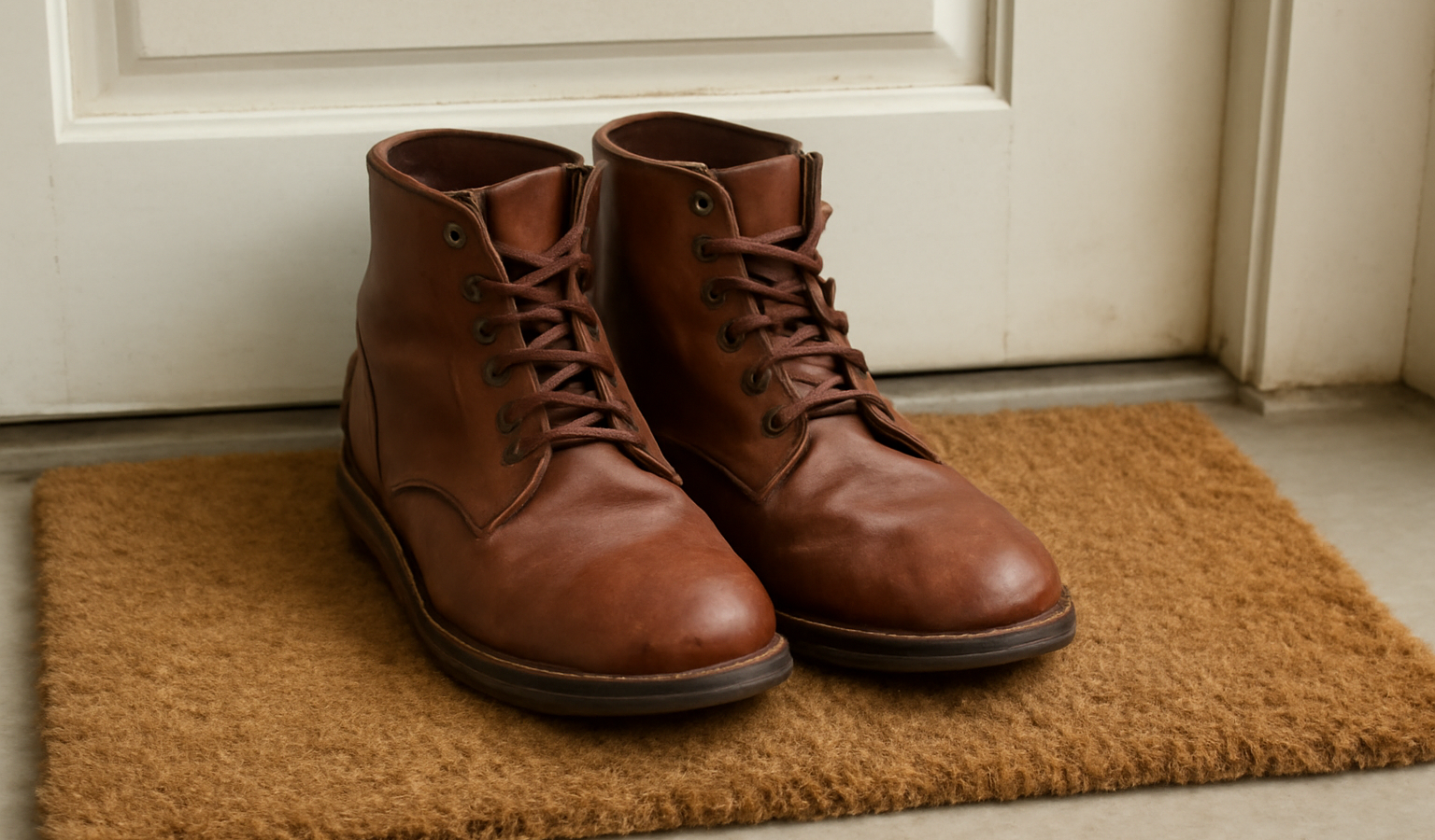 paire de bottes posees sur paillasson