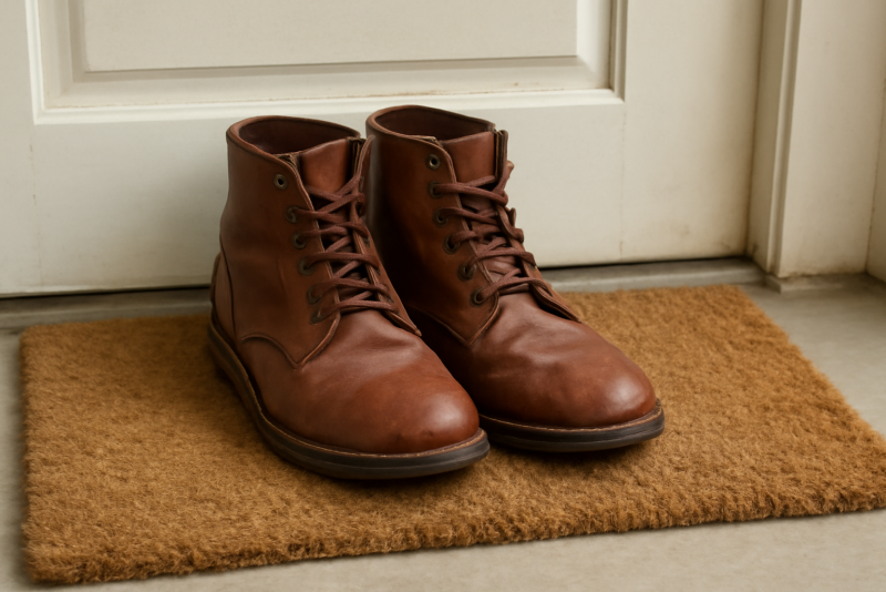 paire de bottes posees sur paillasson