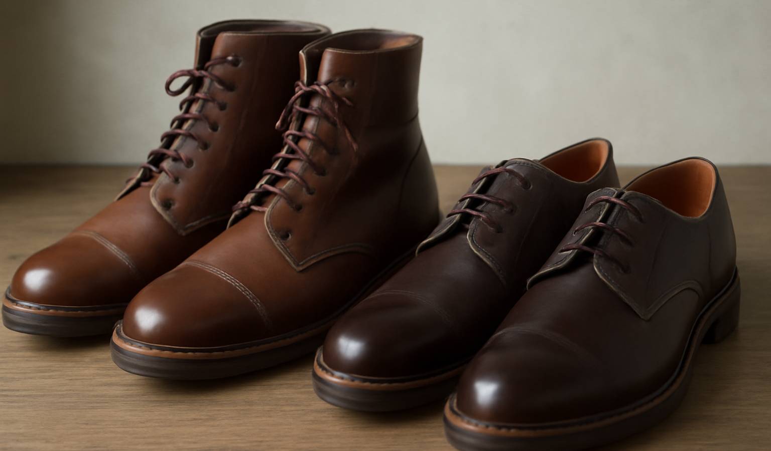paire de bottes et derbies côte à côte